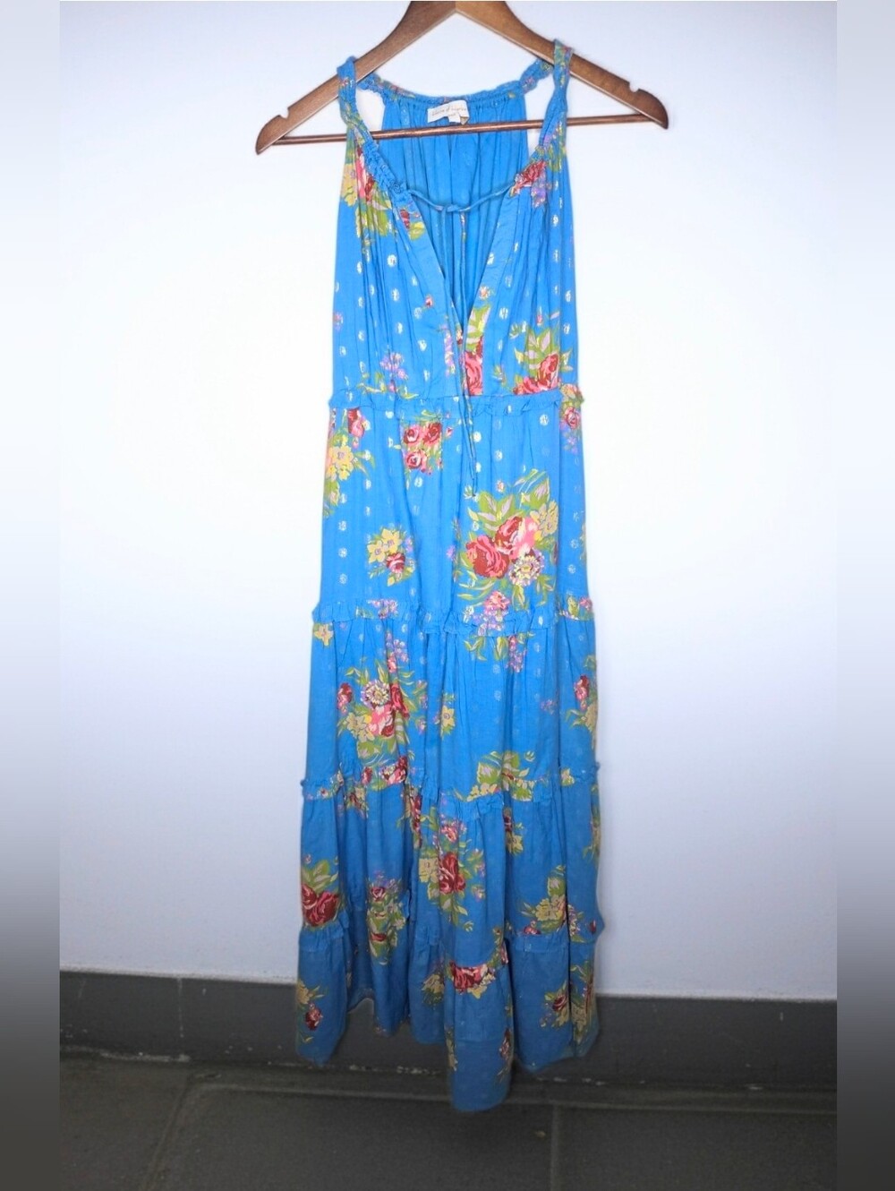 House of Harlow 1960 Helena Tiered Blue Floral Halter Maxi Dress Pockets Size XS